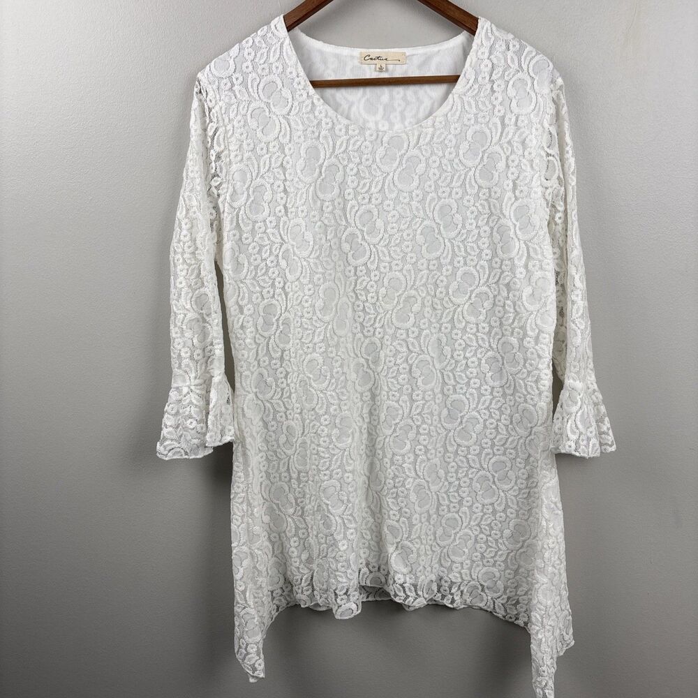 Cactus Brand Women's Lace Blouse Large White Lined Long Sleeve Ruffled Feminine - Picture 2 of 11